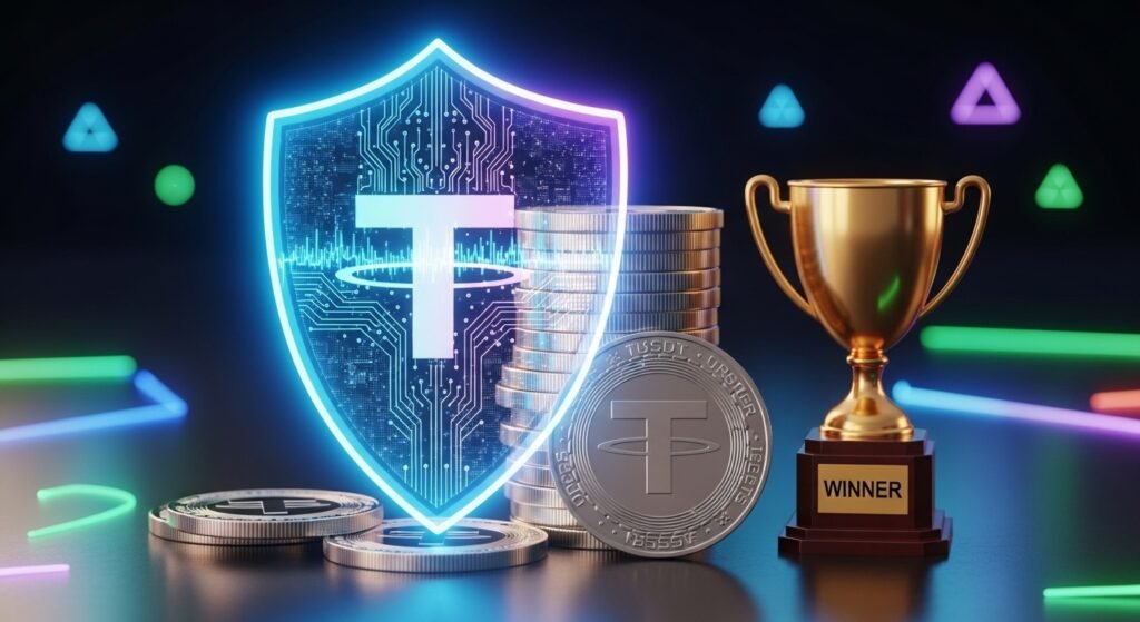 자산 보호와 승리를 상징하는 디지털 방패와 우승 트로피